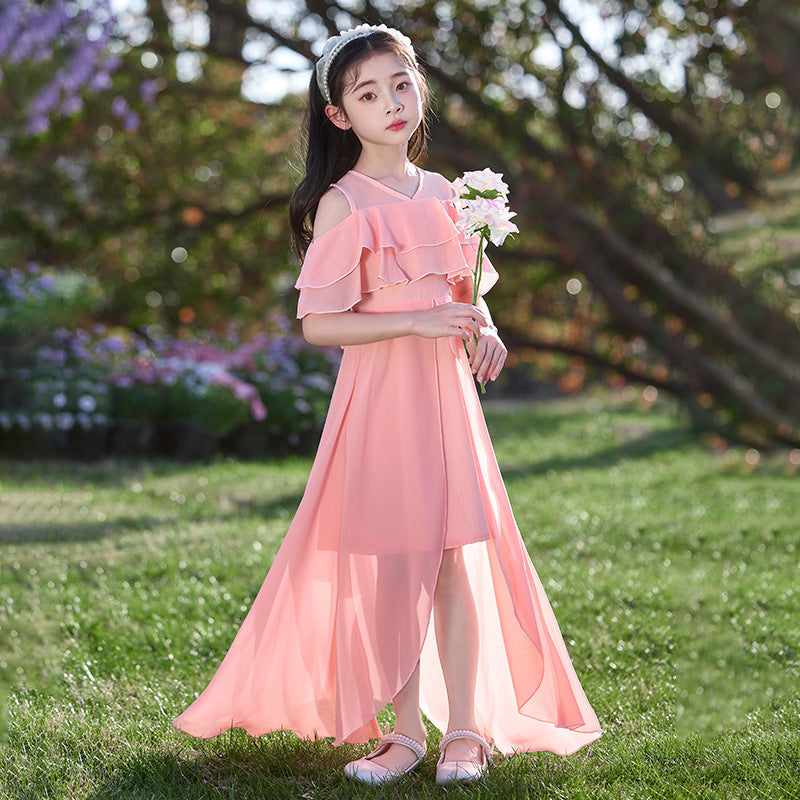 Children's Middle Big Chiffon Summer Front Short Back Long Children's Dress