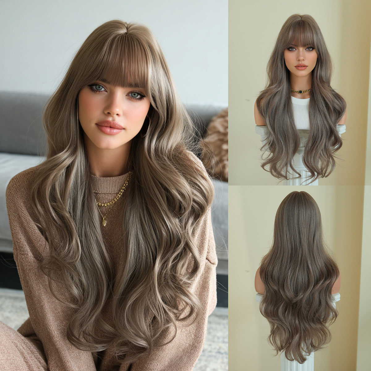 Female Big Wave Curly Hair Straight Bangs Fluffy Whole Top Wig Long Curls