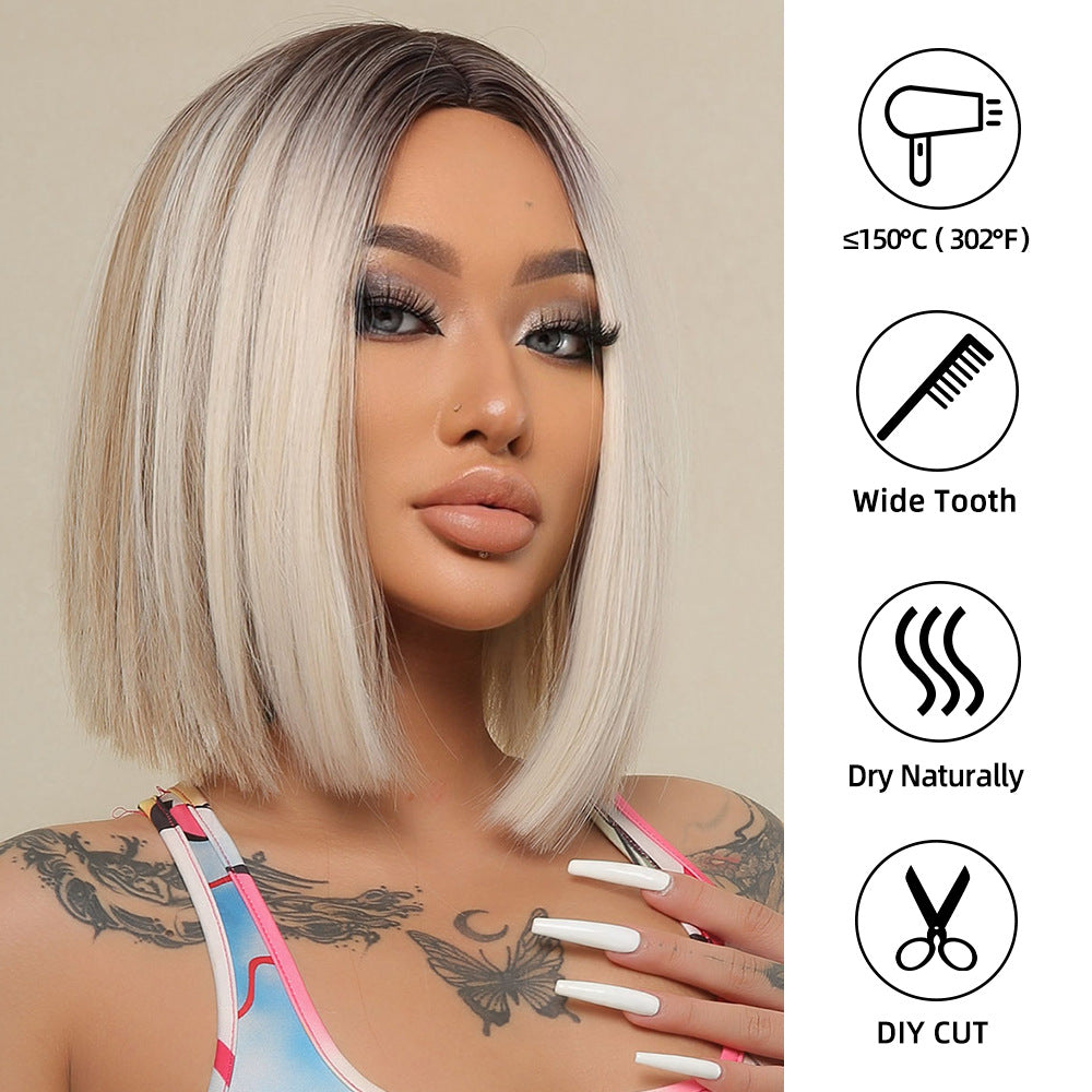Female Gradient Color Collarbone Length Haircut Simulation Medium Wig Short Curly Hair