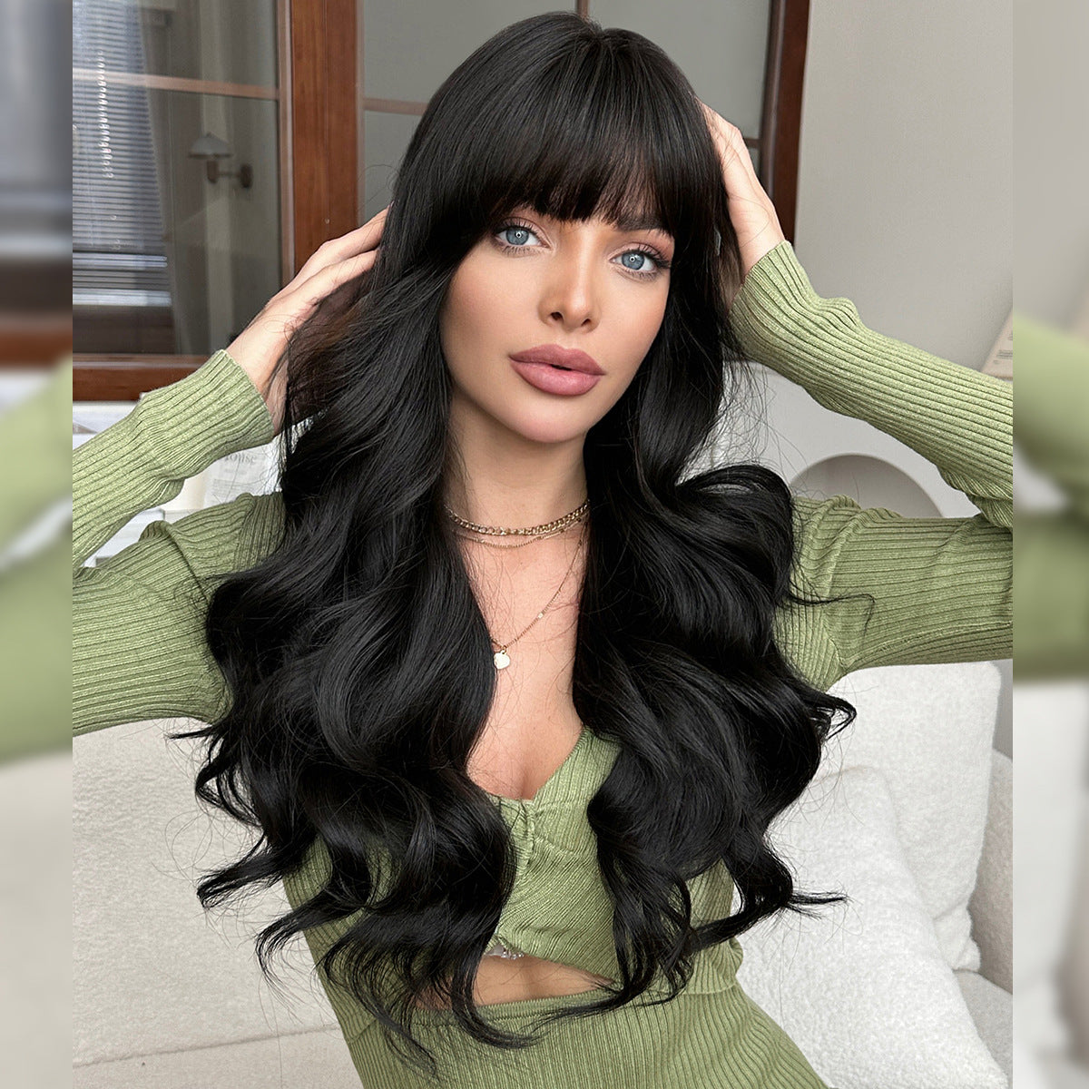 Female Natural Black Curly Hair Big Wave Straight Bangs Wig Long Curls