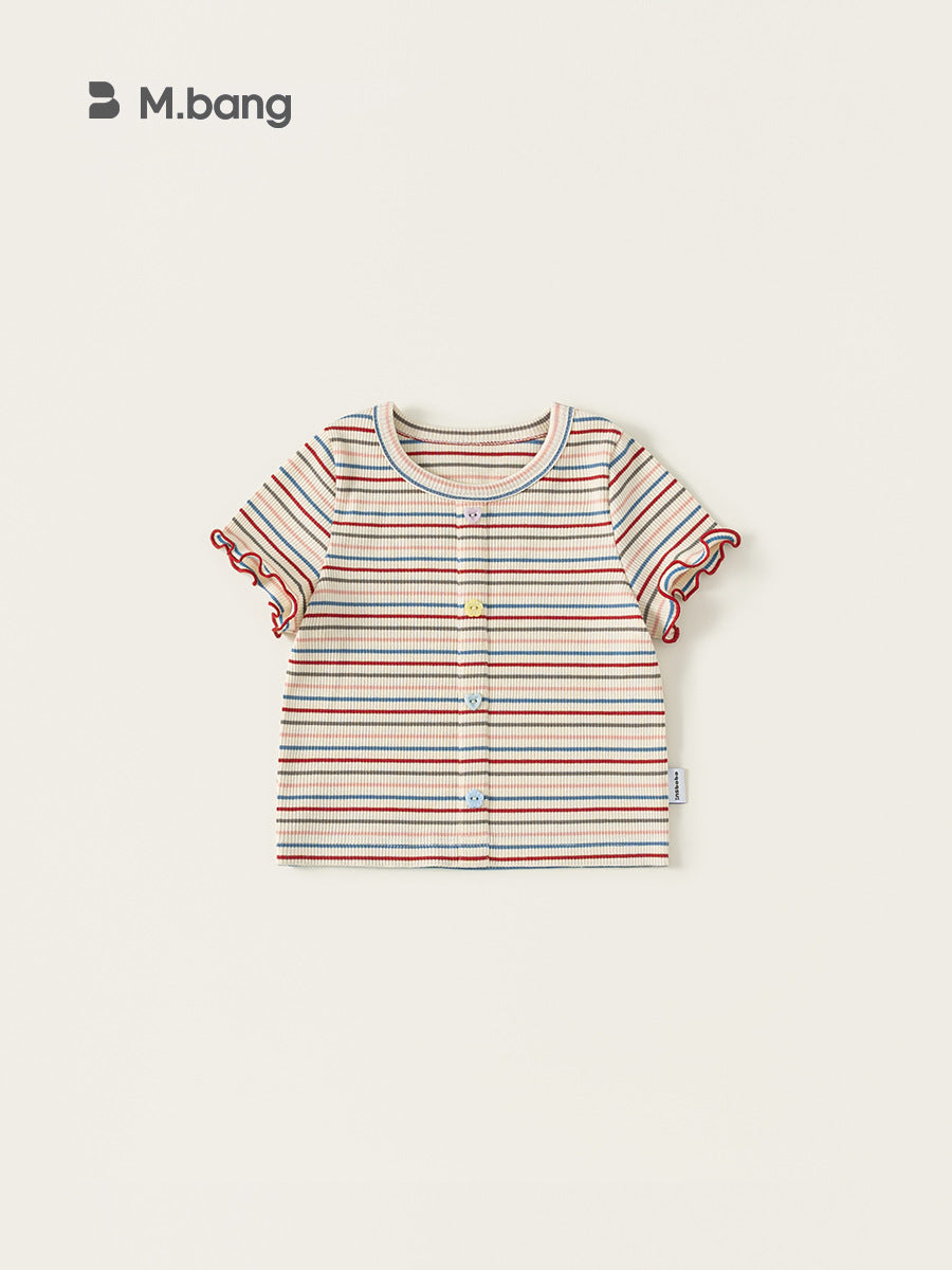 Children's Short-sleeved Summer Color Stripes Wooden Ear Sweet Cute Tops Children's T-shirt