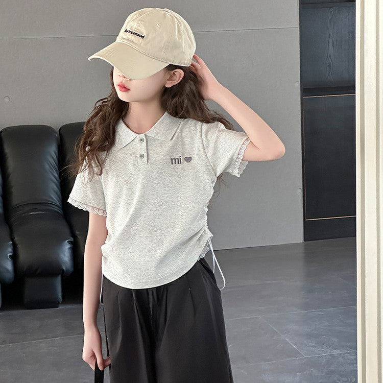 Shirt Short-sleeved Summer The Big Short Lace Blouse Slim Children's T-shirt