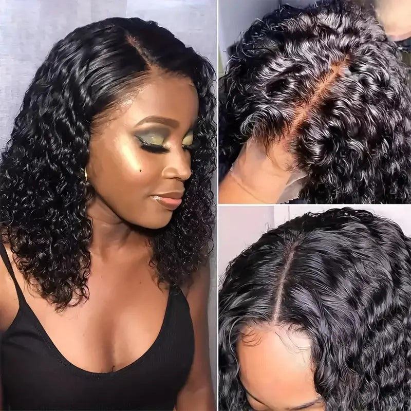 Mid-length Black Hand Tube Wrapped Small Female Front Wig Short Curly Hair
