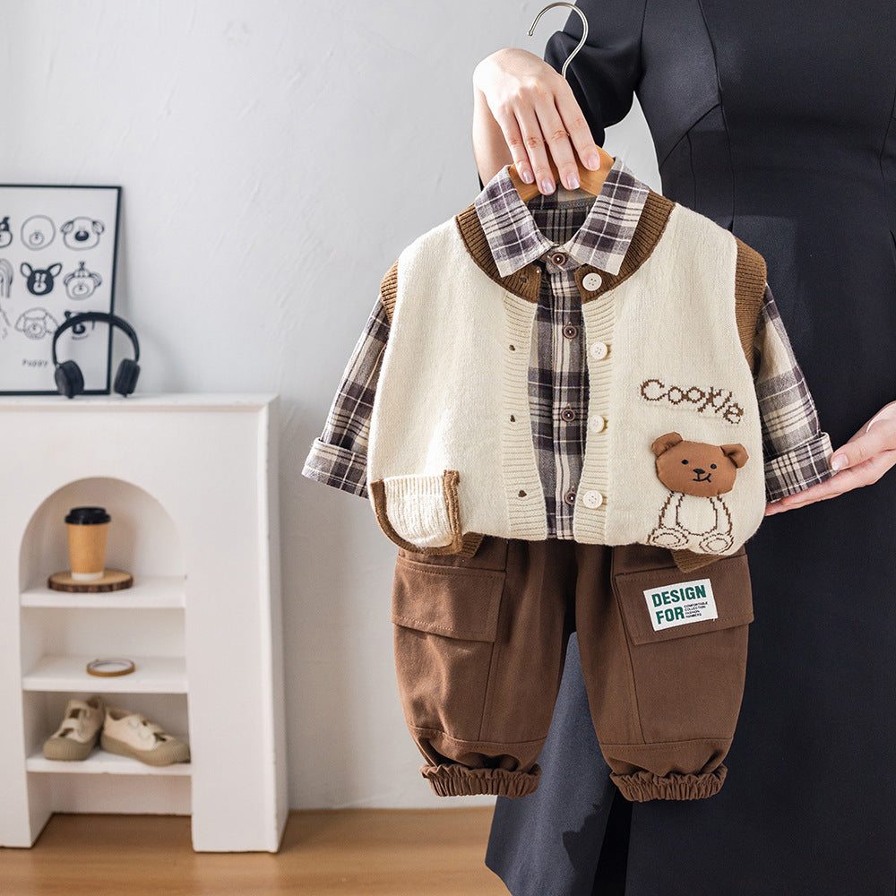 Children's Boys Autumn Clothing Western Style Cardigan Sweater Vest Three-piece Children's Suit