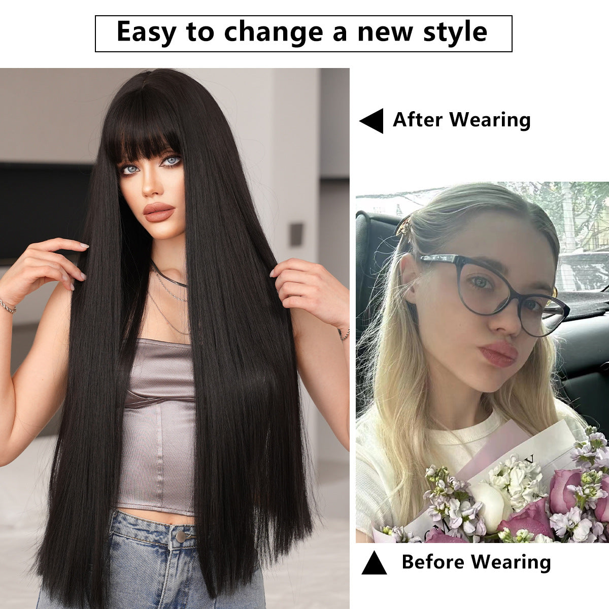 High Quality Super Hair Female Bangs Daily Black Long Straight Wig