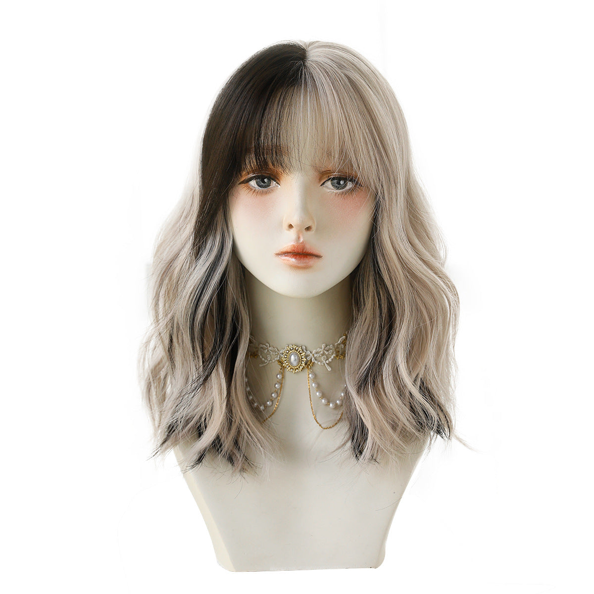 Sier Gray Pink Gradient Mid-length Roll Sheath Full Head Other Wig
