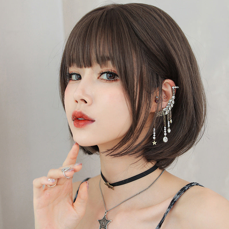 Female Head Round Face Synthetic Wigs Bangs Wig Short Straight Hair