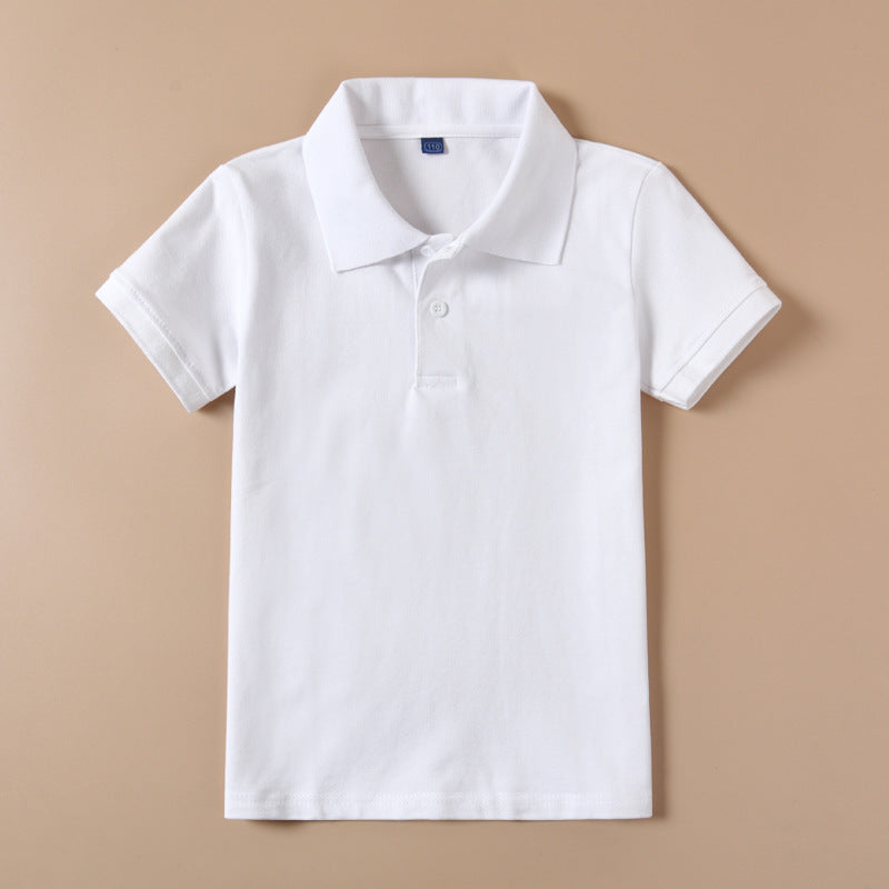 Children's White Shirt Short-sleeved Cotton Lapel Summer School Uniform Older Children's T-shirt