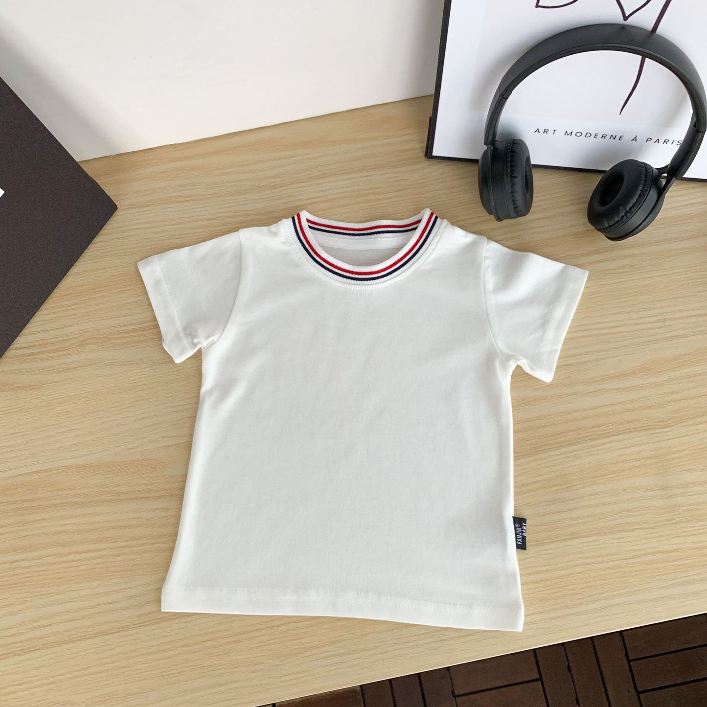Boys White Yarn-dyed Rib Born Little Short Children's T-shirt