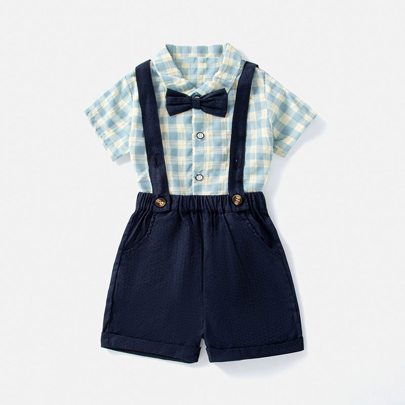 Children's Plaid Shirt Short-sleeved Suspender Pants Korean Style Boy's Clothing Children's Suit