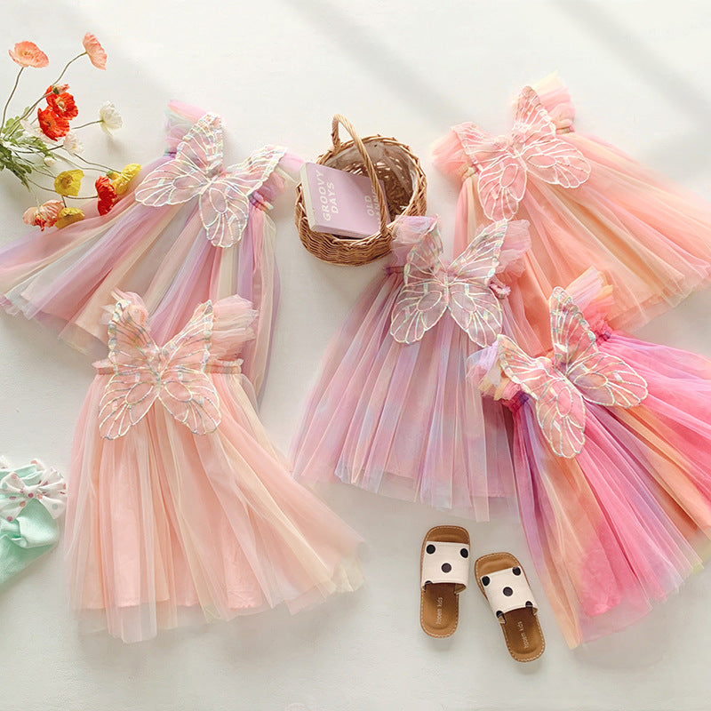 Rainbow Wings Mesh Summer Flounced Sleeve Princess Children's Dress