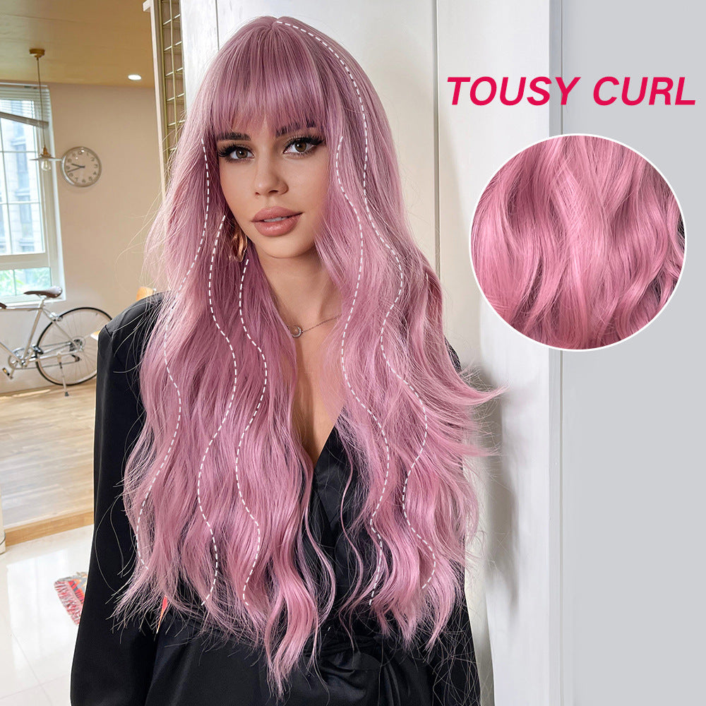 Women's Pink Wigs With Bangs Wave Synthetic Wig Long Curls