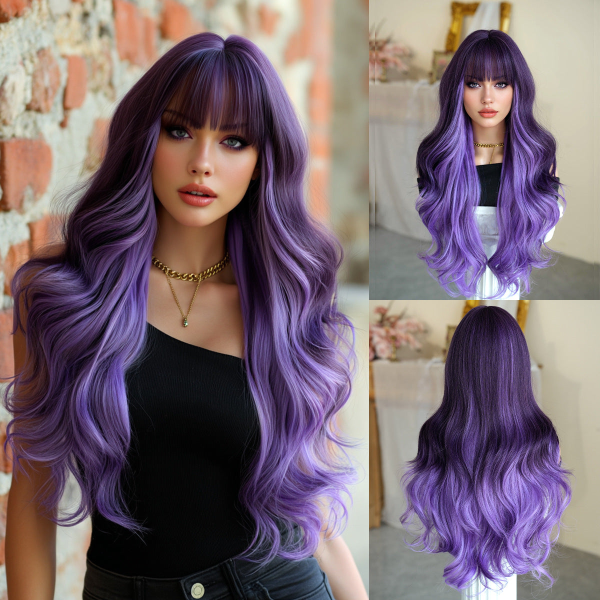 Gradient Color Wave Super Curly Hair Straight Bangs Fluffy Chemical Wig Long Curls