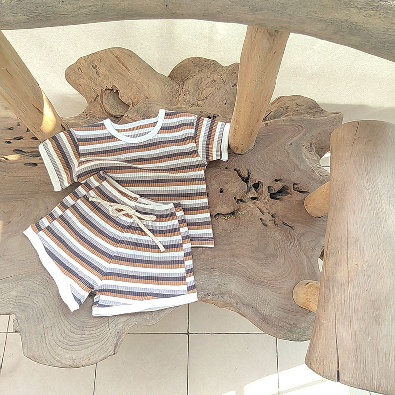 Children's Toddler Striped Cotton Short Sleeve Top Pants Comfortable Cute Trendy Children's Suit