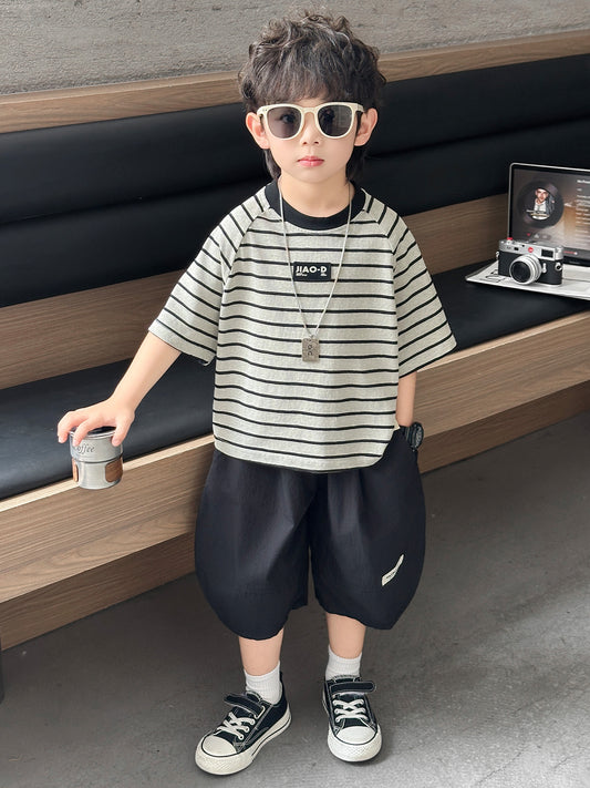 Children's Summer Striped Short-sleeved Korean Shorts Two-piece Children's Suit