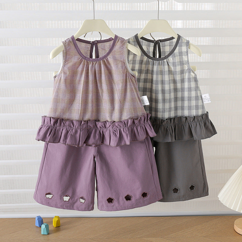 Women's Summer Plaid Leisure Forest Style Trendy Lace Wide Shoulder Set Children's Suit