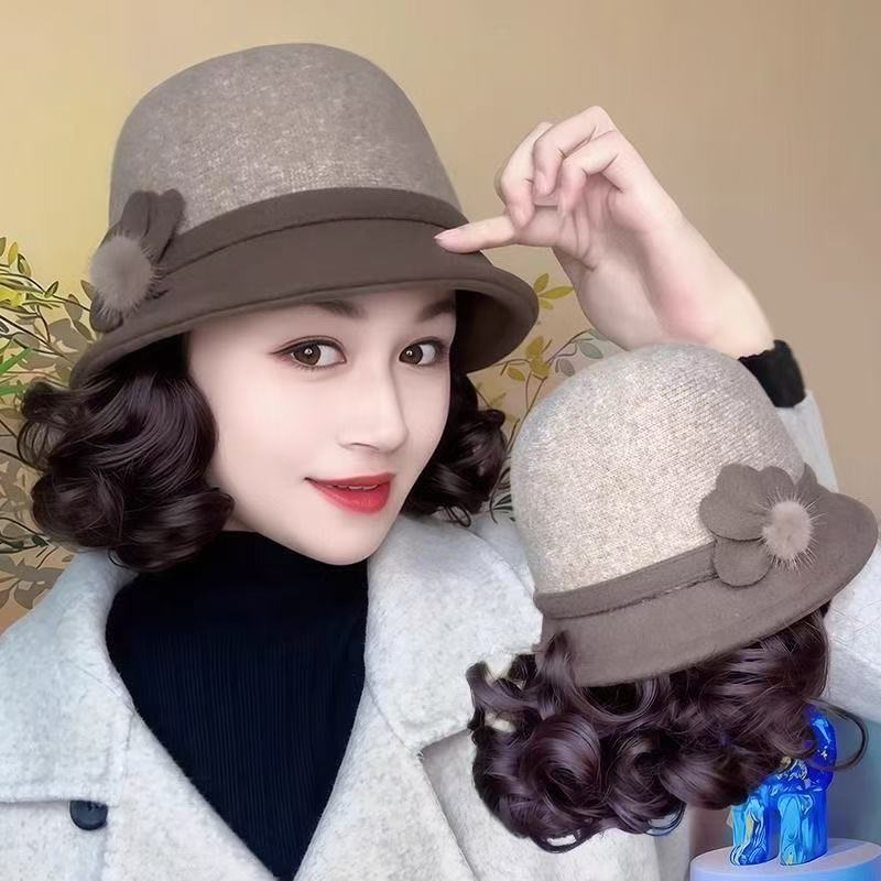 One-piece Hat Female Western Style Bucket Fashion Wig Short Curly Hair