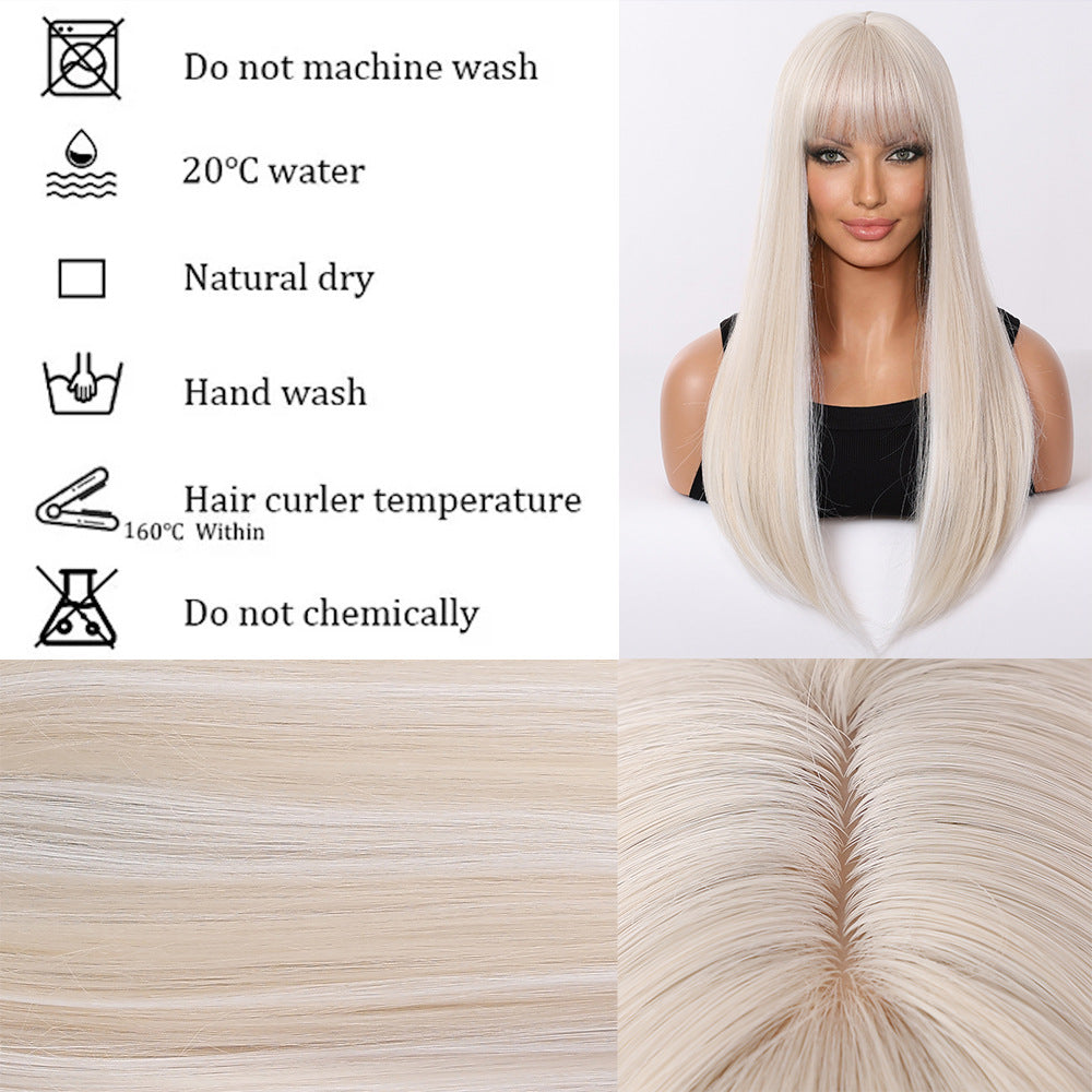 Women's Golden Color Hair Natural Air Bangs Long Straight Wig