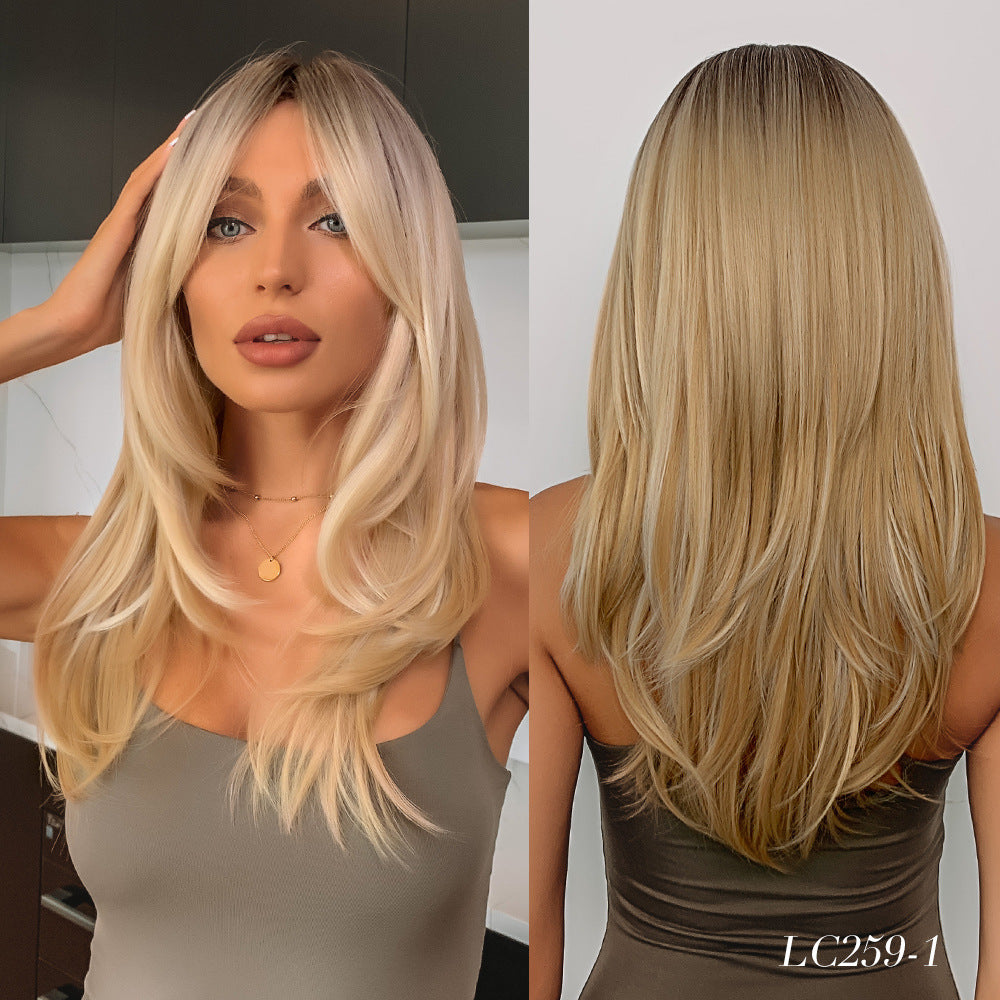 Women's Gradient Golden Bangs Hair Tail Micro Volume Fiber Wig Long Curls