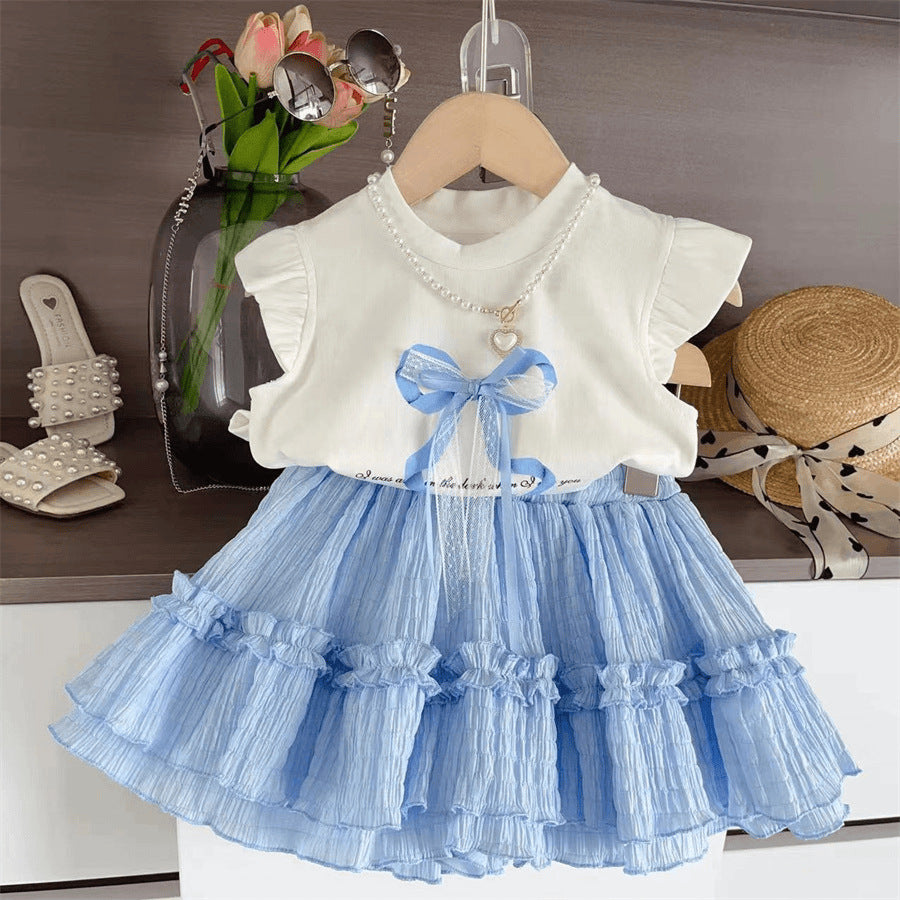 Summer Fashionable Bow Flounced Sleeve T-shirt Cake Children's Suit