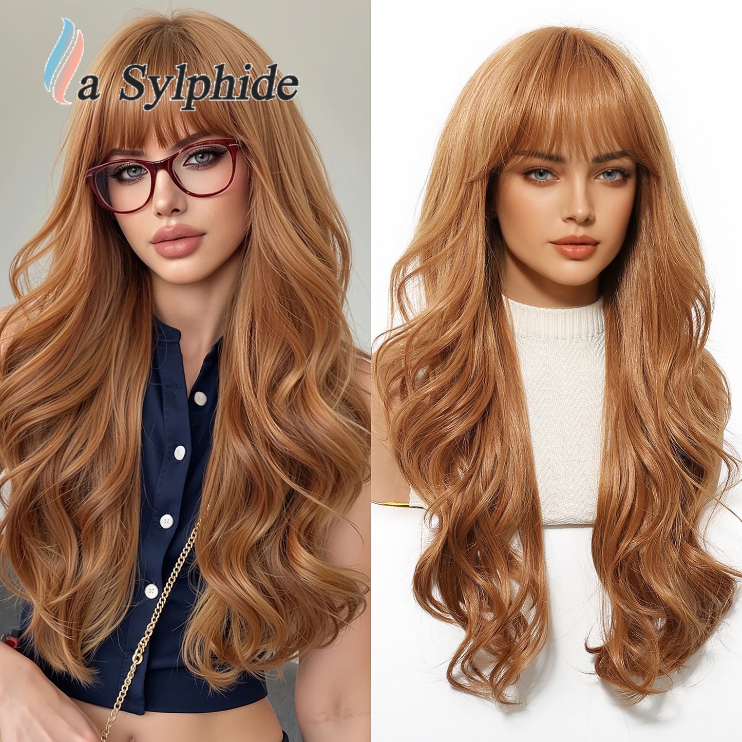 Straight Bangs Orange Wavy Curly Hair Mechanism Wig Long Curls