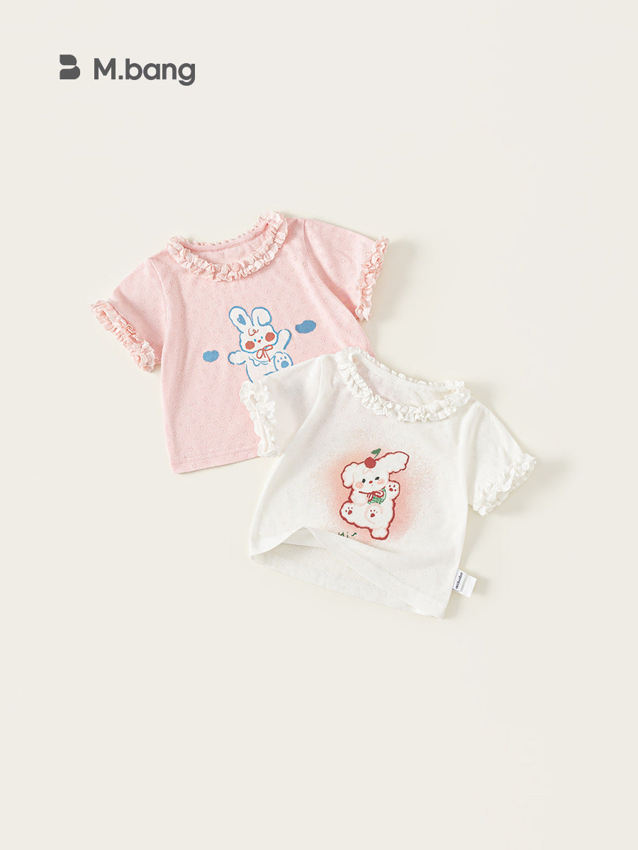 Children's Clothing Cute Printed Top Round Neck Lace Solid Color Short Children's T-shirt