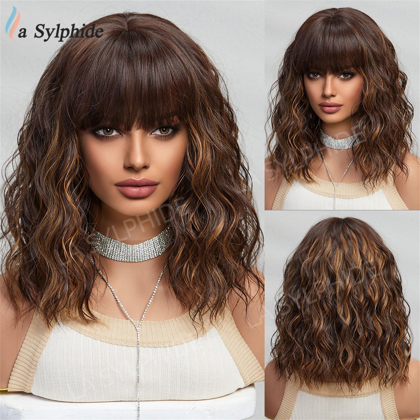 Water Ripple Black Gradient Golden Full Top Chemical Fiber Wig Short Curly Hair