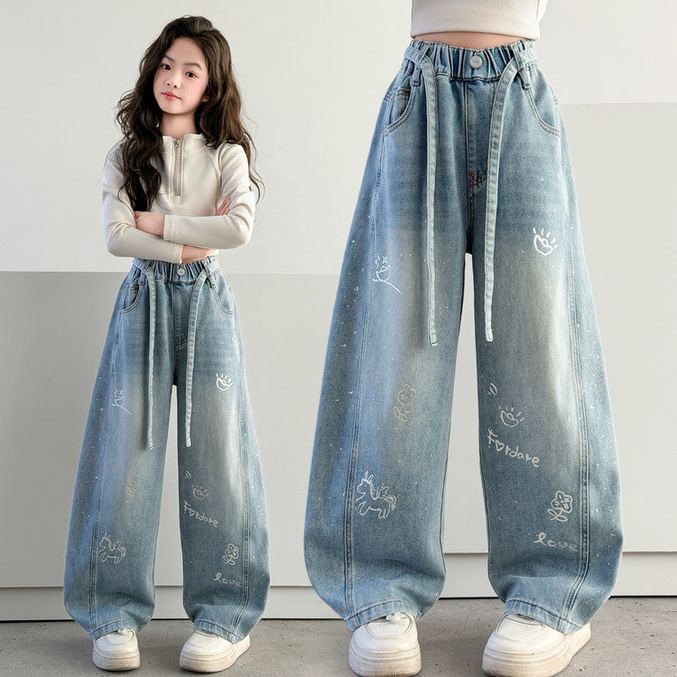 Matchet Printed Korean Jeans Loose-fitting Trousers Children's Pants