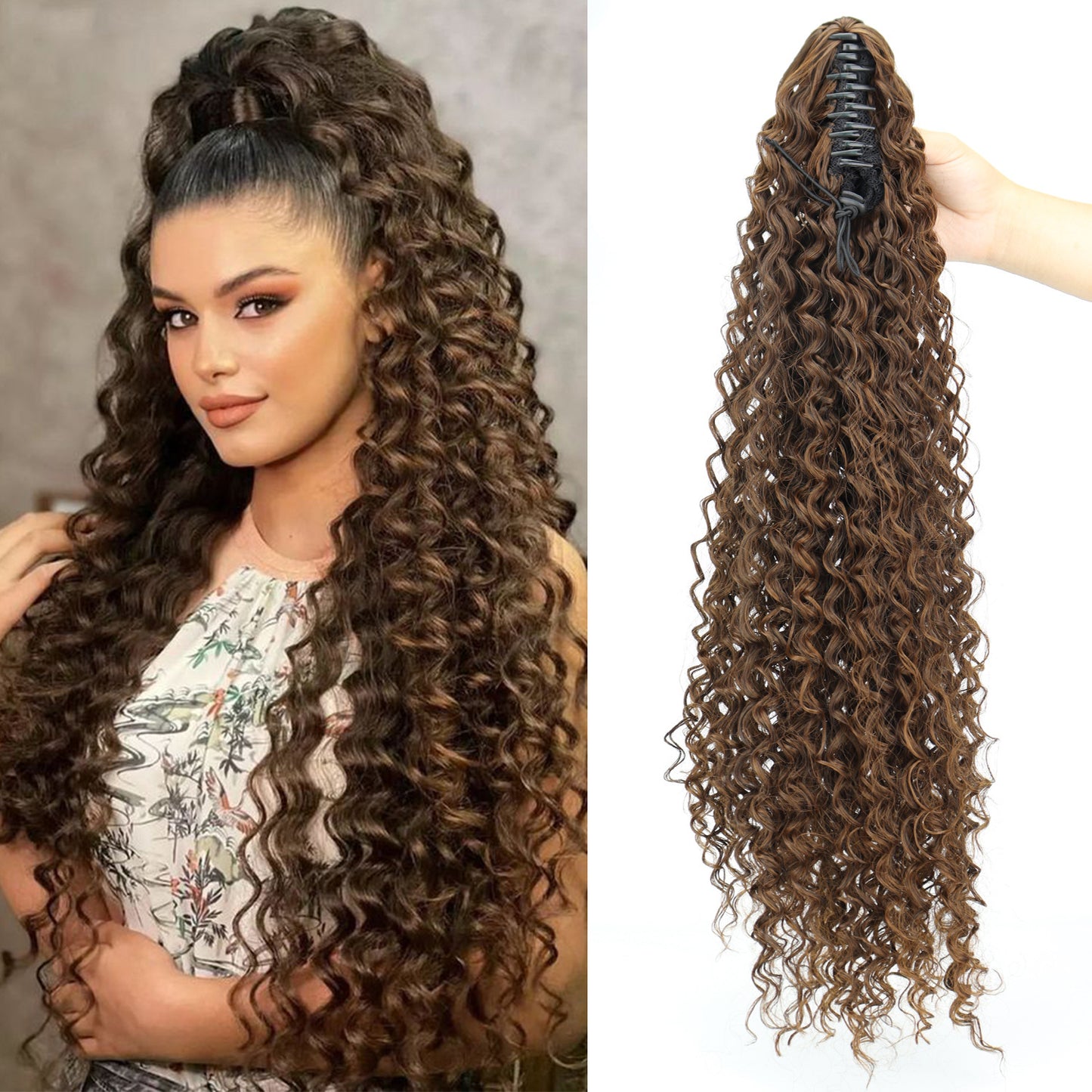 Women's Long African Curly Hair Grip Black Wig Ponytail