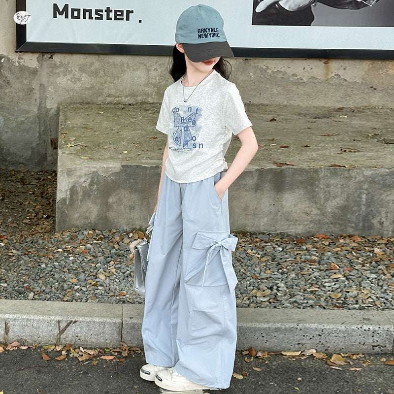 Overalls Medium Big Drawstring Bow Short Sleeve Wide Leg Pants Children's Suit