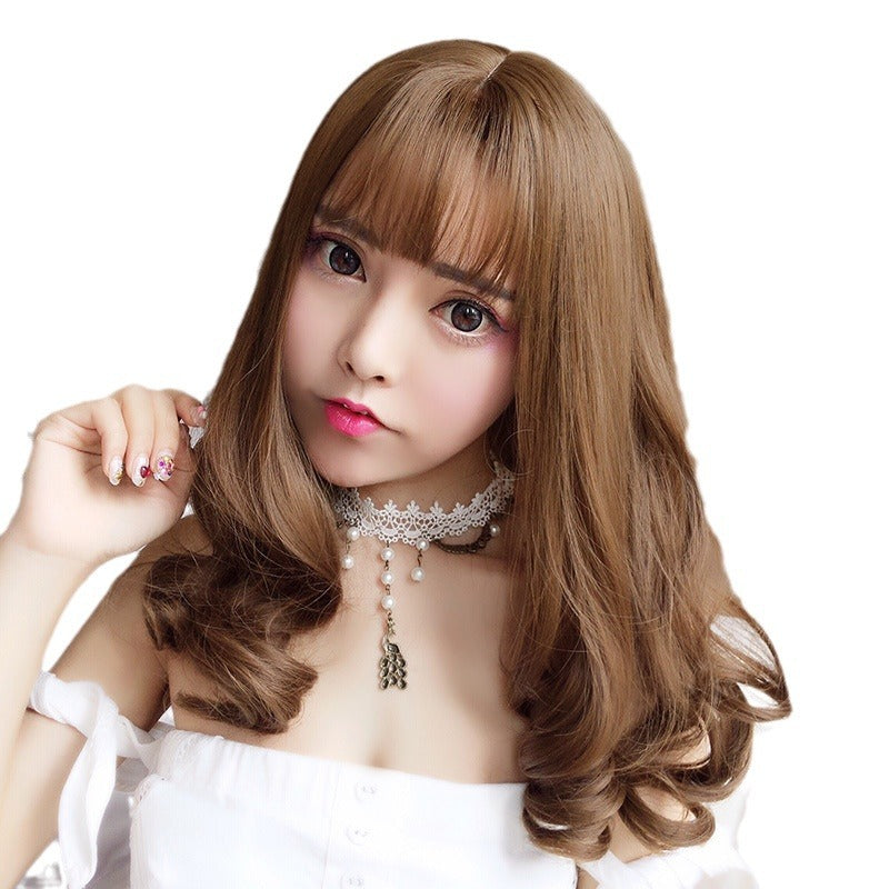 Curly Hair Round Face Air Bangs Pear Flower Head Cover Wig Long Curls