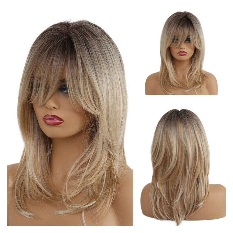 Women's Gradient Golden Bangs Fiber Rose Net Long Straight Wig