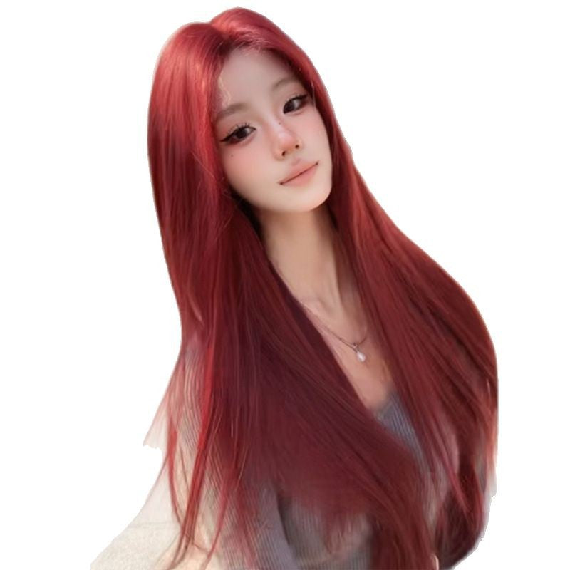 Head Female Summer Medium Points Wine Hair Temperament Full Long Straight Wig