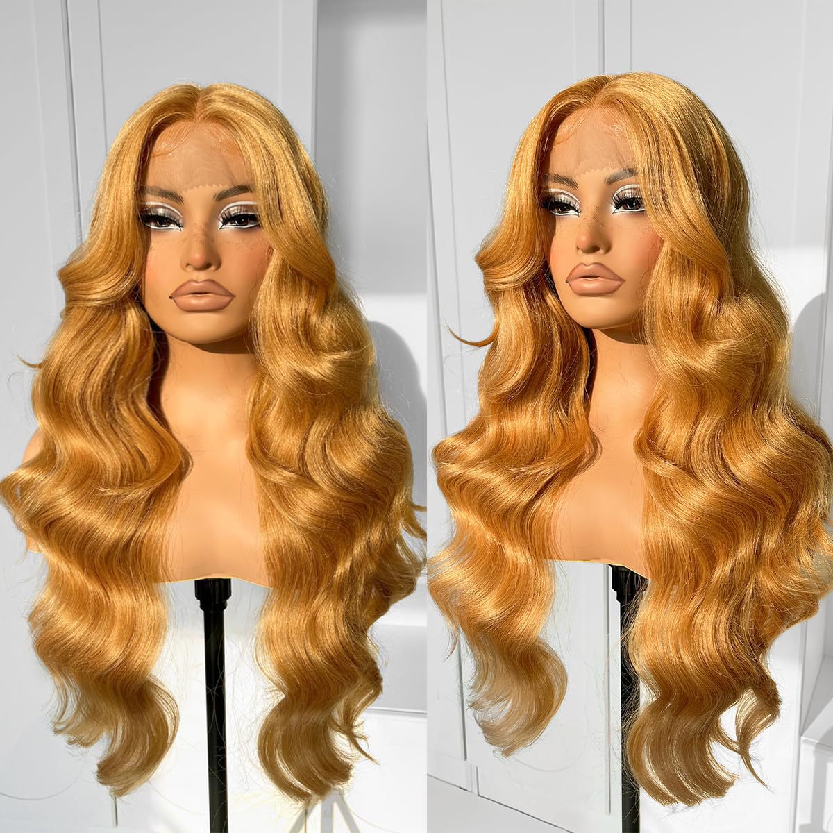 Women's Front Lace Synthetic Wigs Golden Medium Curly Hair Big Wave Wig Long Curls
