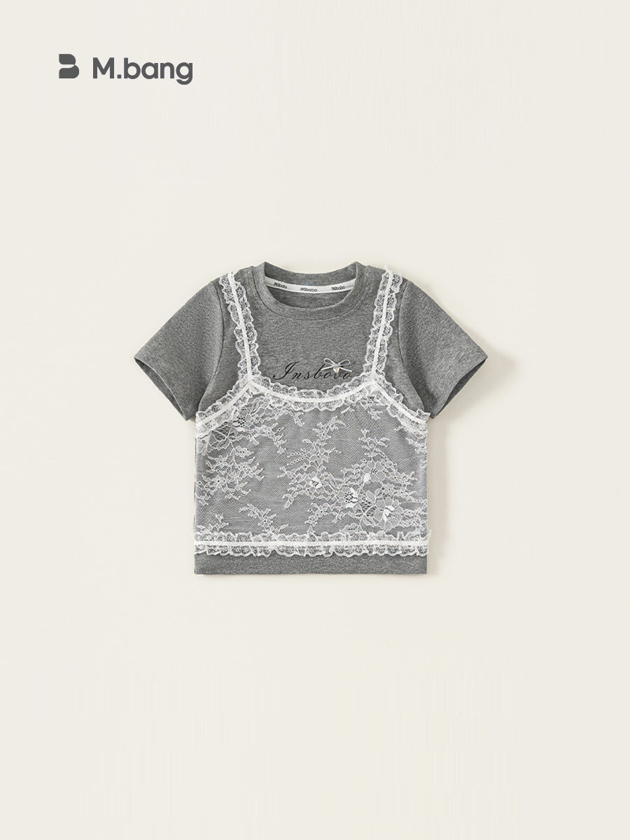 Children's Fake Two-piece Lace Stitching Short Sleeve Summer Sweet Cool Style Children's T-shirt