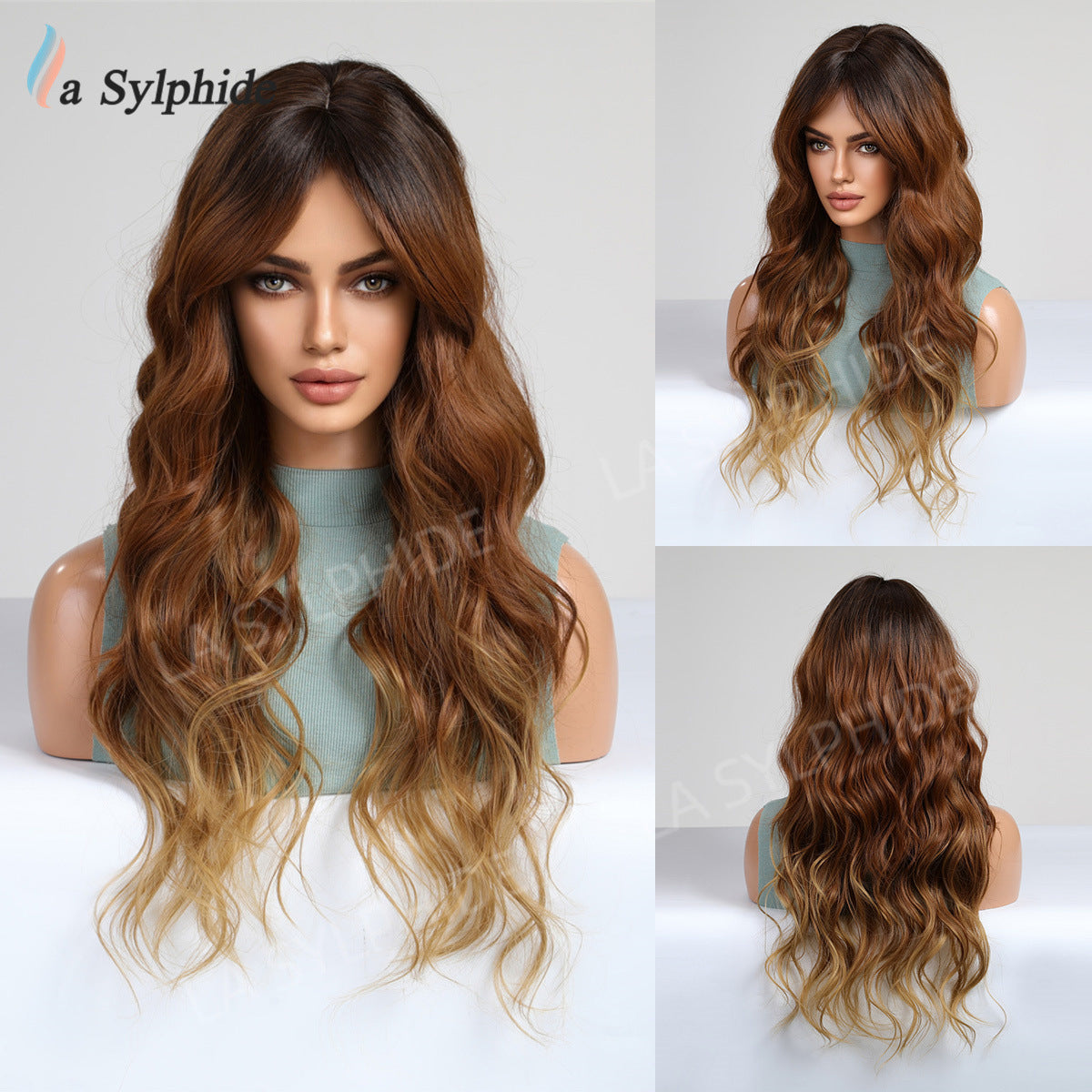 Pink Gray Gold Bangs Curly Hair Rose Net Matte Wig Long Curls