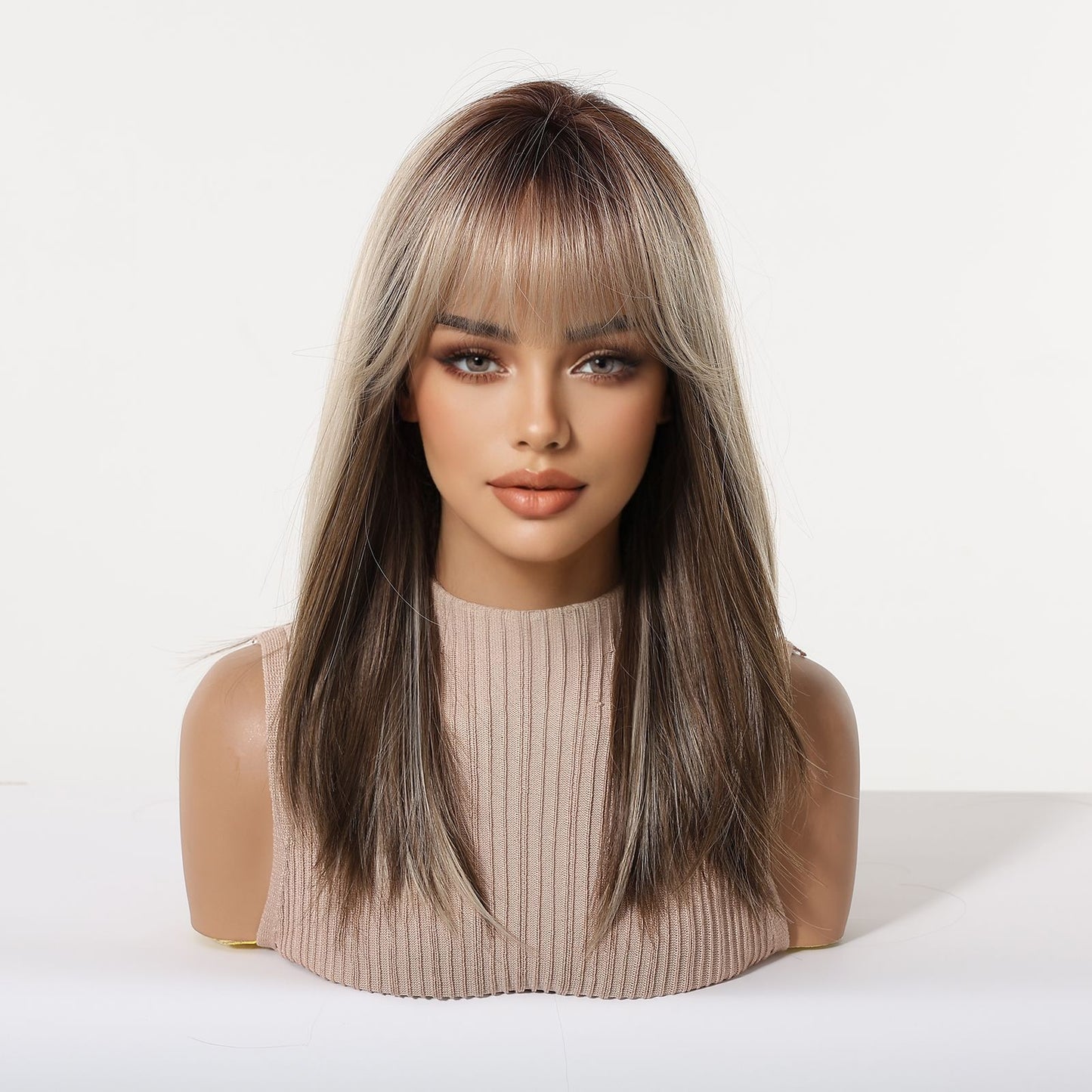 Gradient Brown Collarbone Length Haircut Natural Long Straight Wig