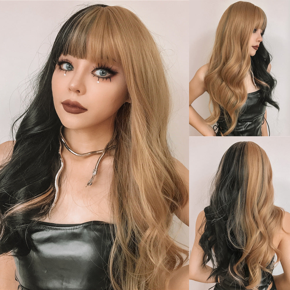 Straight Bangs Curly Hair Gradient White Gold Color Mechanism Wig Long Curls