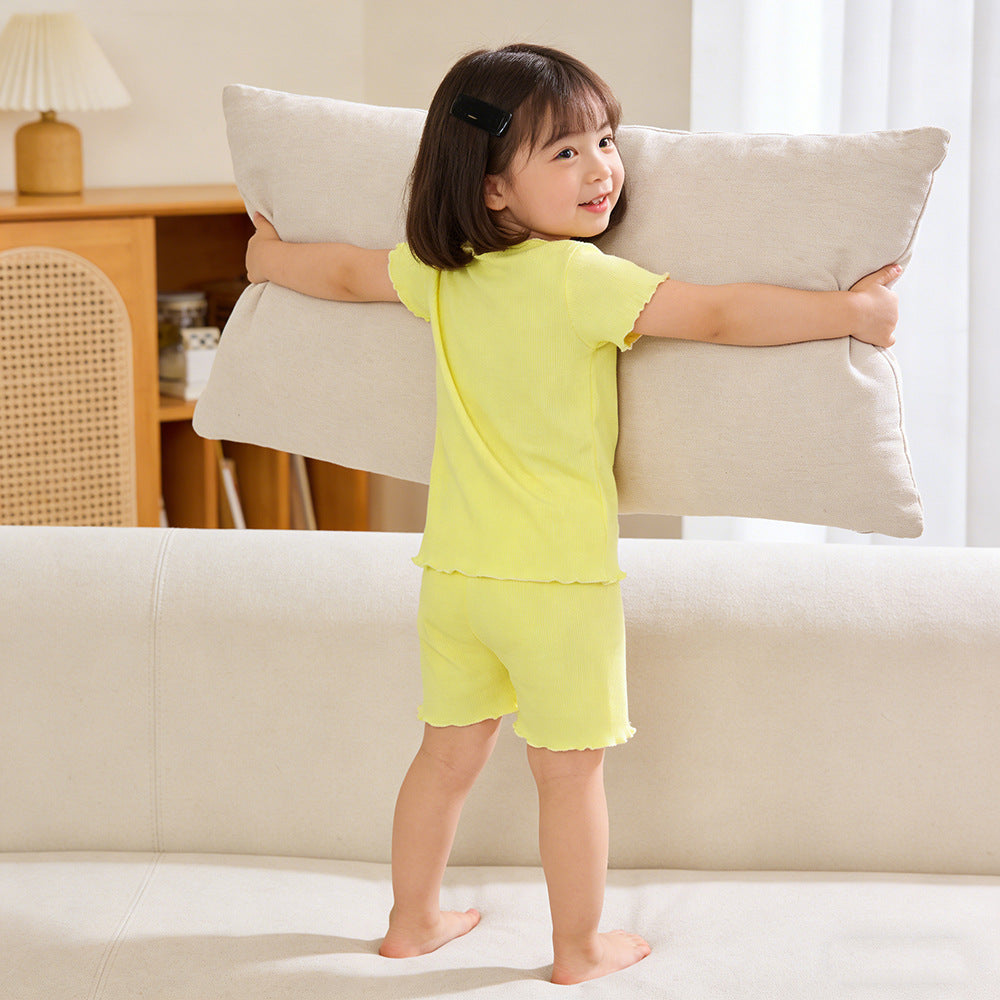 Children's Style Sunken Stripe Wooden Ear Shorts Set Candy Children's Suit