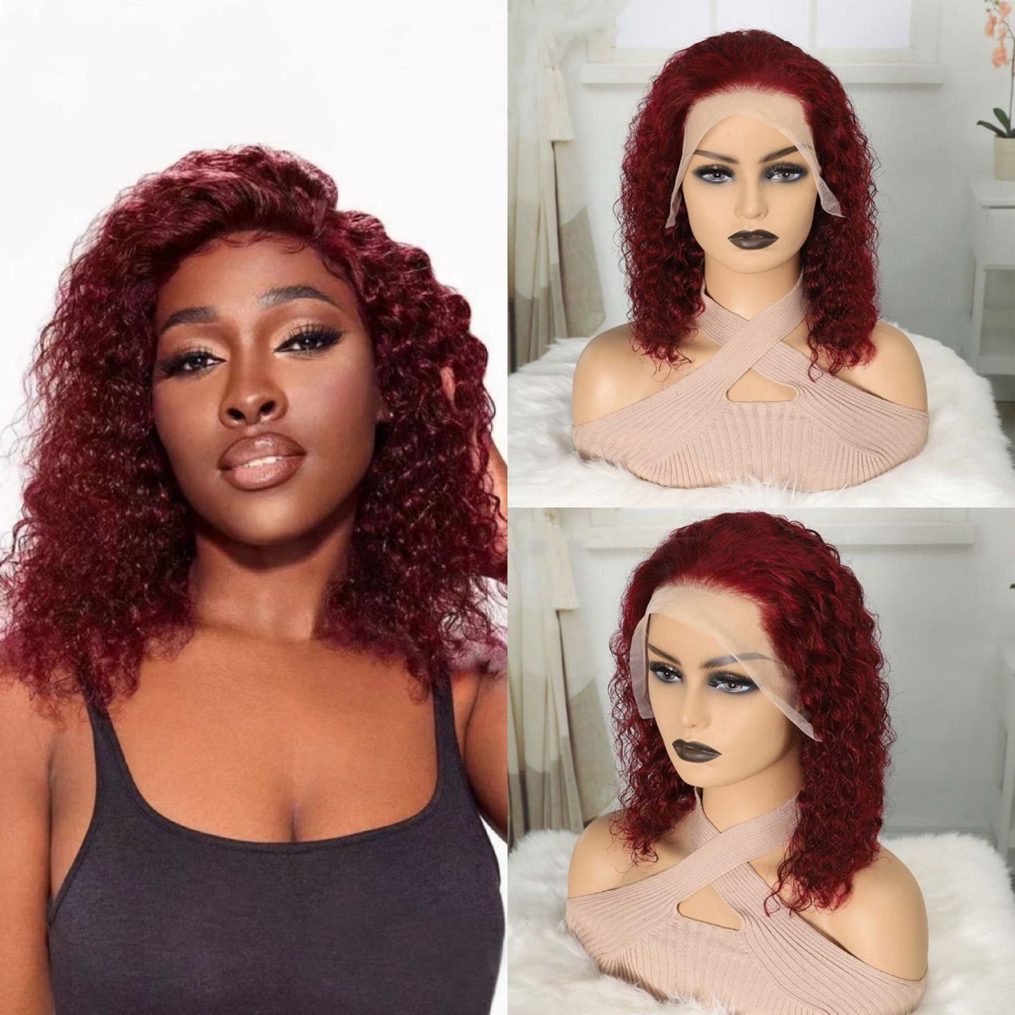 Front Lace Burgundy Chemical Fiber Fashion Natural Wig Short Curly Hair
