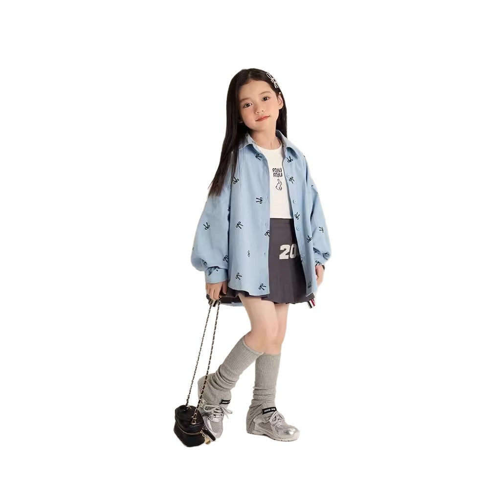 Children's Bow Printed Medium Large Korean Style Western Casual Children's Shirt