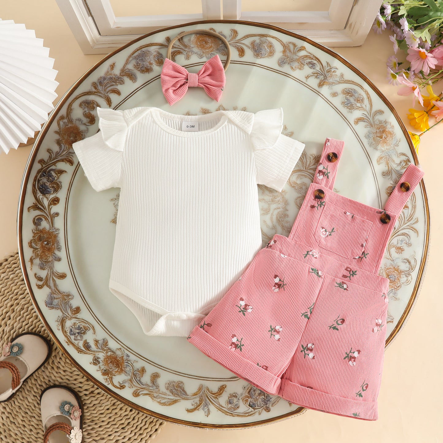 Summer Sunken Stripe Ruffled Short Sleeves Top Corduroy Flower Children's Suit