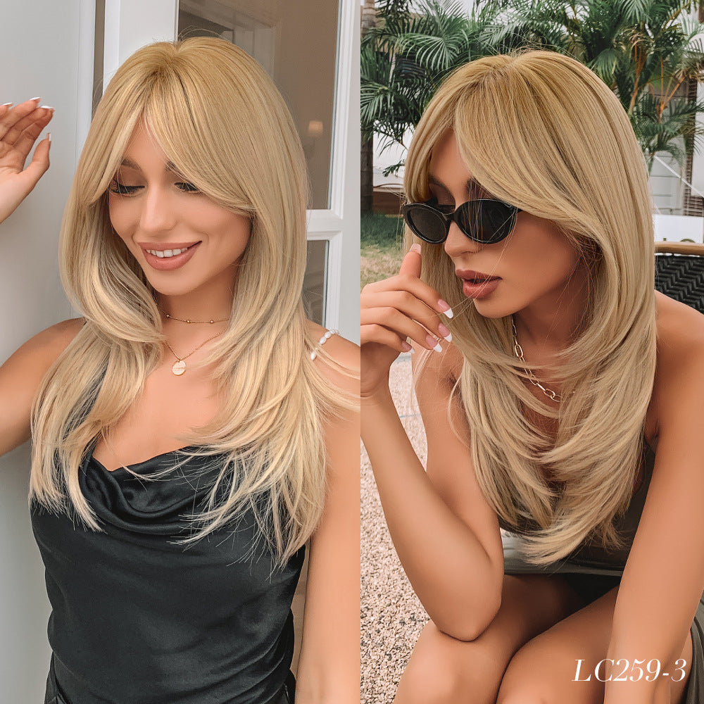 Women's Gradient Golden Bangs Hair Tail Micro Volume Fiber Wig Long Curls
