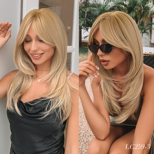 Women's Gradient Golden Bangs Hair Tail Micro Volume Fiber Wig Long Curls