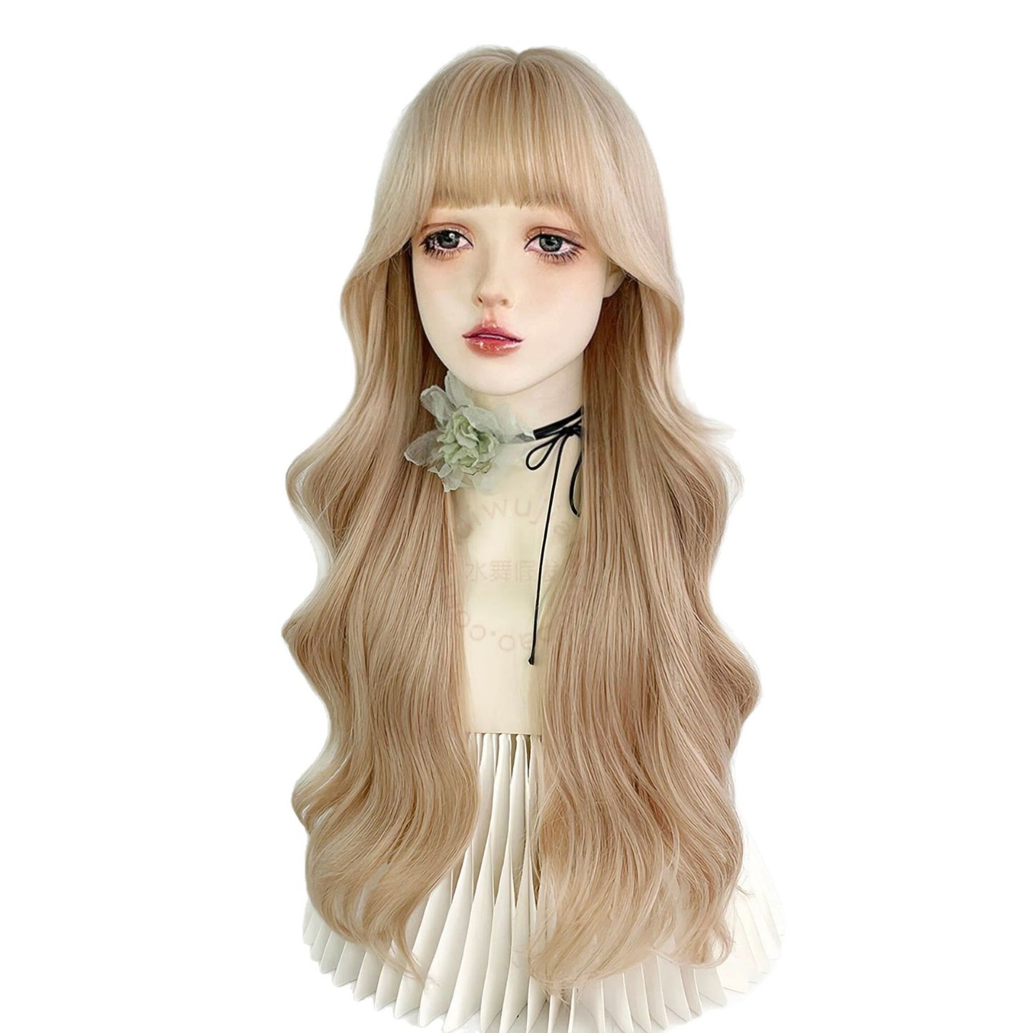 Women's Gold Color Mid-length Bangs Curly Big Wave Natural Simulation Wig Long Curls