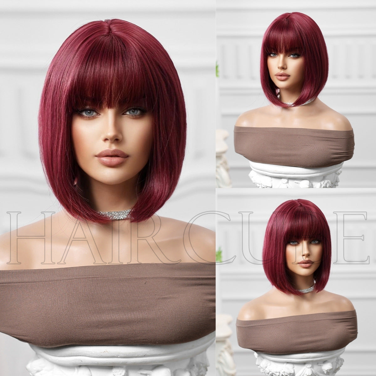 Stylish Graceful Bangs Brown Wine Red Wig Short Straight Hair