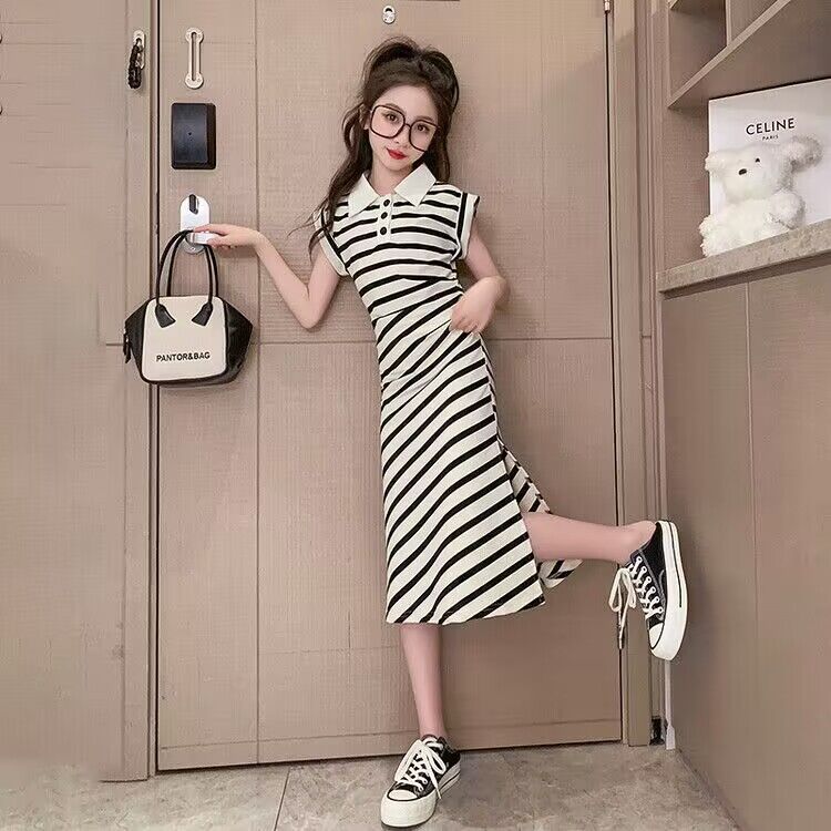Children's Sundress Design Collar Striped Summer Casual Fashion Children's Dress