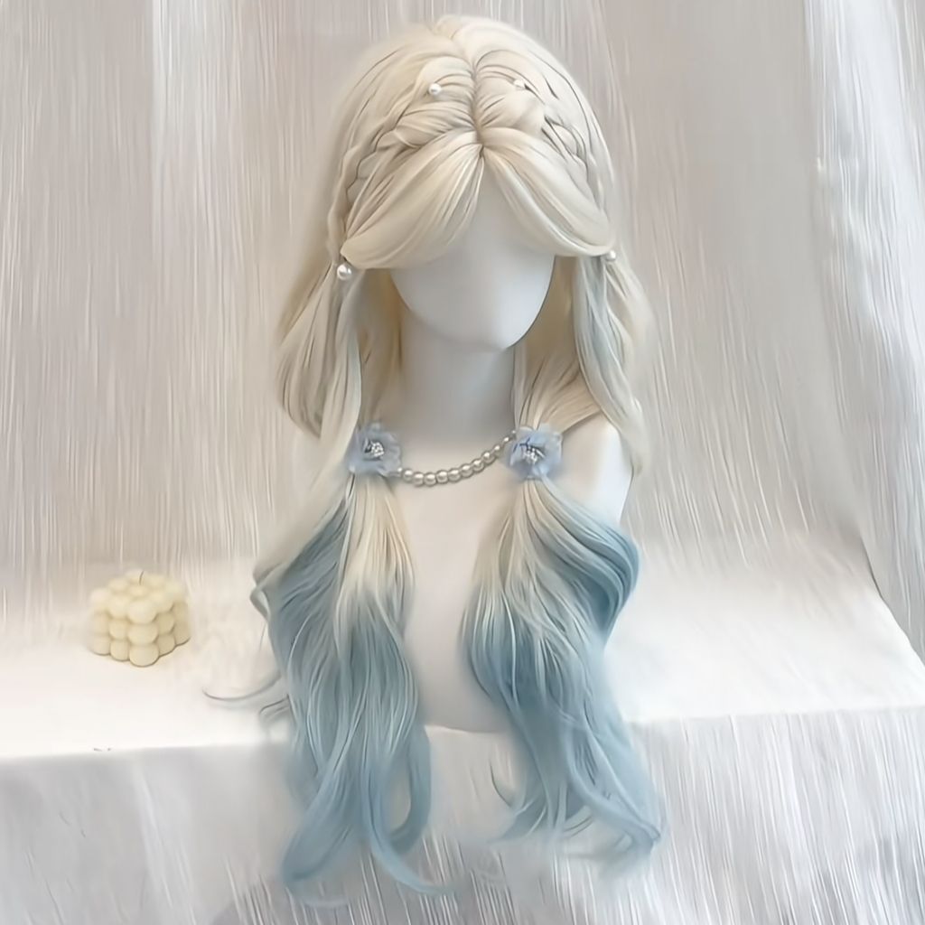 Female Platinum Color Gradient Blue Medium Atmosphere Temperament Wig Long Curls