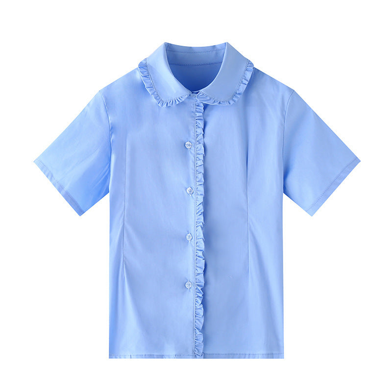Children's Short Sleeve Blue Lace Cotton School Uniform Primary Middle Big Children's Shirt