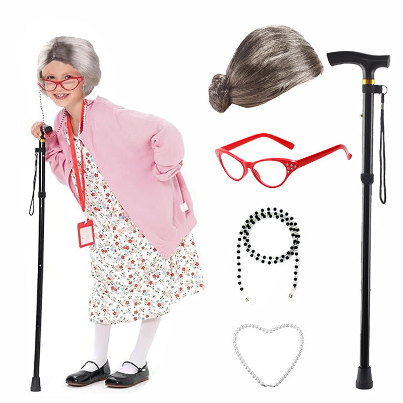 Props Watch Show Old Lady Grandma Flower White Curly Head Real Hair Wig